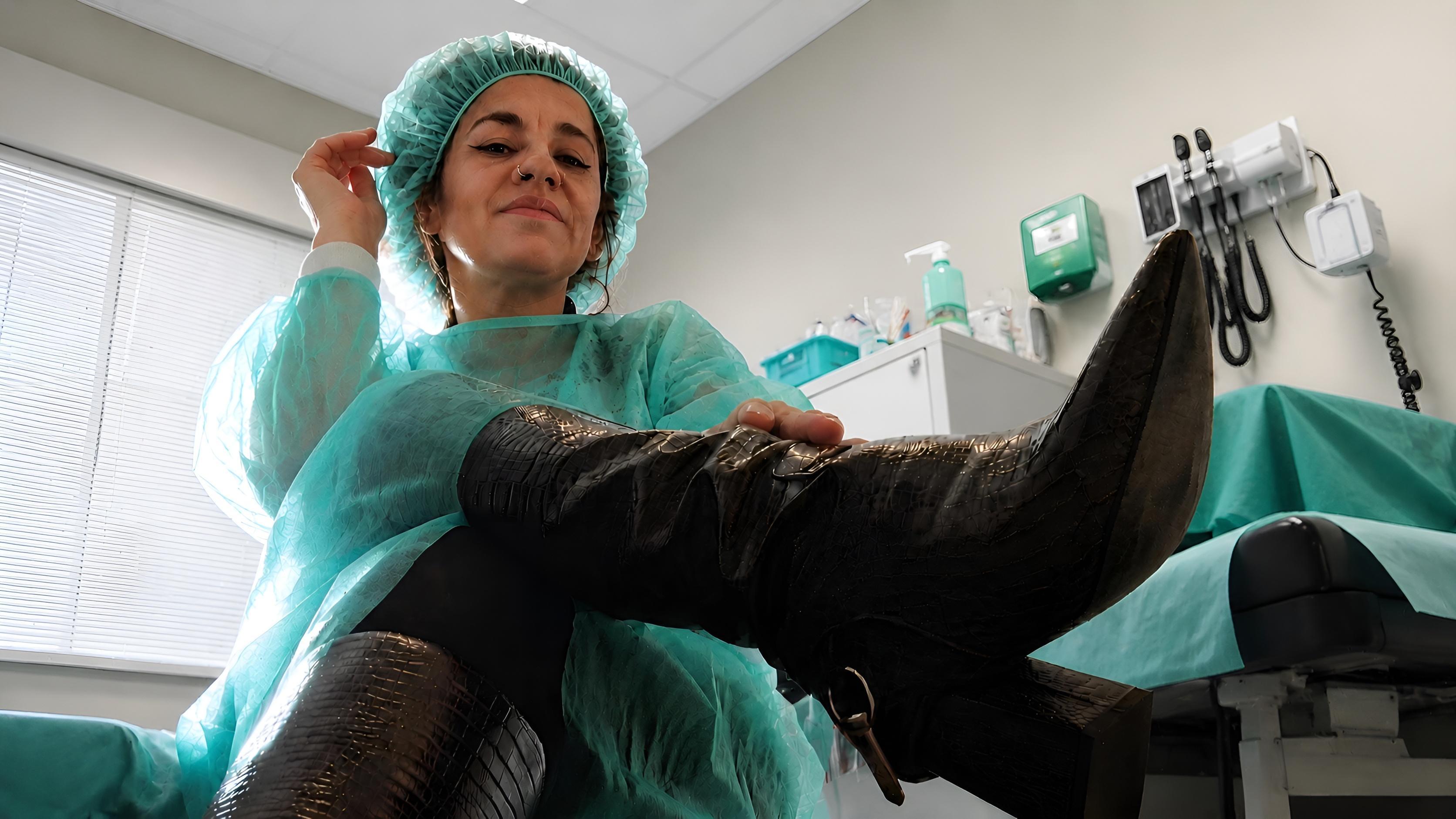 Mistress Alexia London wearing medical scrubs during an intense anesthesia role play session