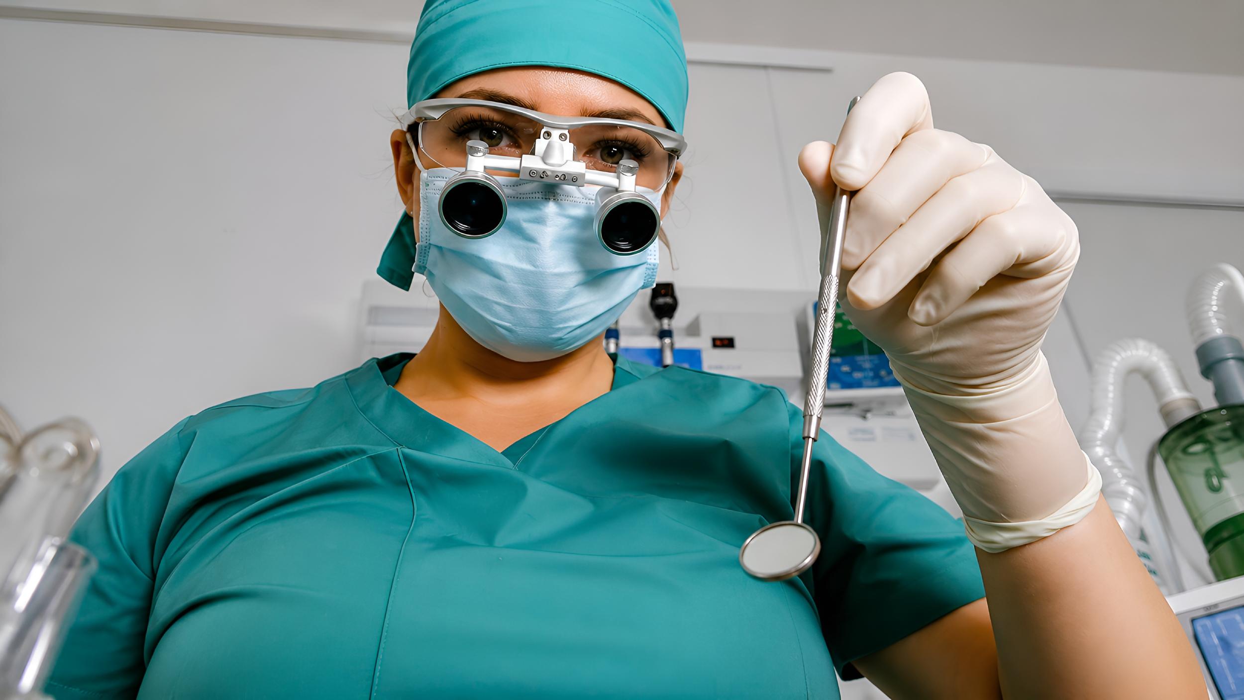 Clinical medical fetish dental instruments arranged for dominatrix session